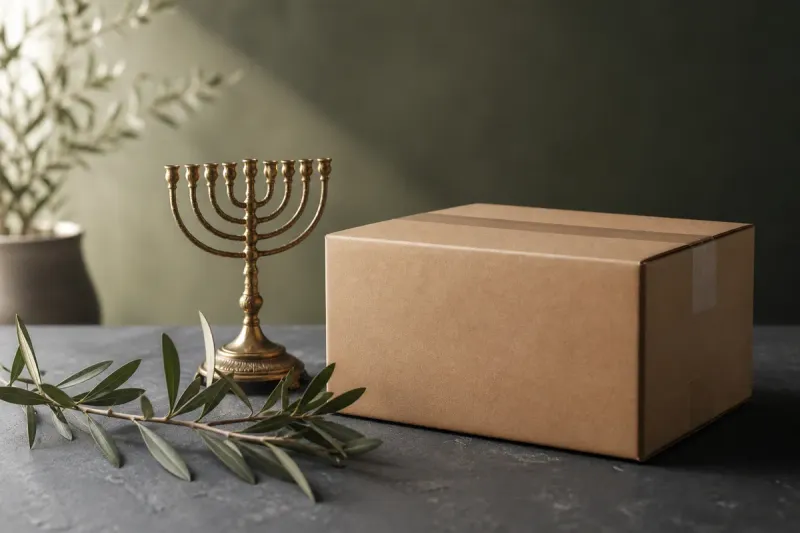 Packed Judaica parcel ready to ship, editorial photo for a shipping-first guide.