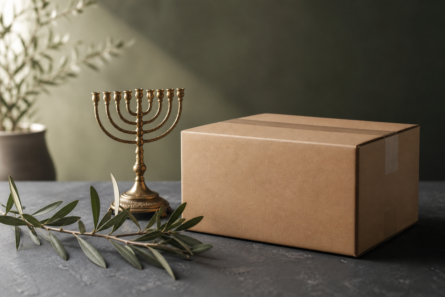 Editorial vignette with Judaica objet and outbound parcel wrapping—shipping-first comparison mood, illustrative only.