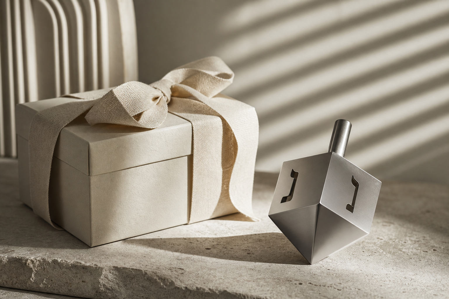 Modern minimalist Judaica gift styling—sculptural tabletop objects and refined packaging cues for contemporary gifting comparisons.