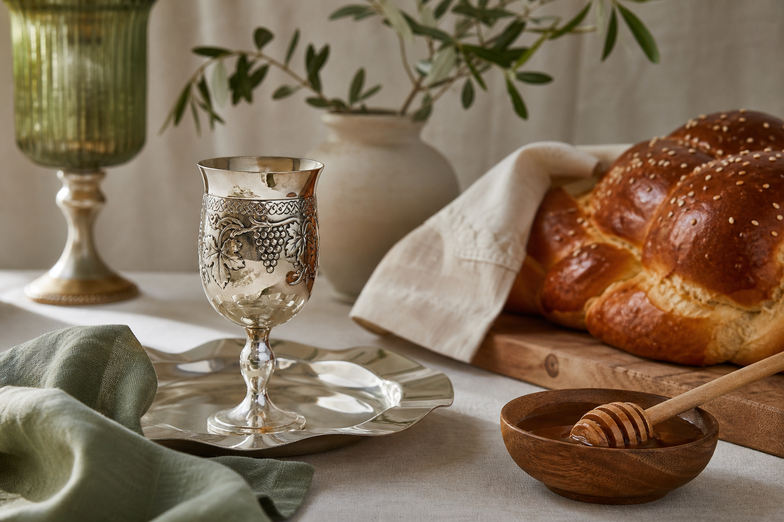 Warm editorial Judaica tabletop still life—for baseline storefront comparisons only, not a retailer product photo.