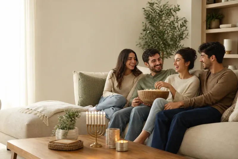 Family at a Shabbat table with Judaica gifts, a lifestyle scene for store comparisons.