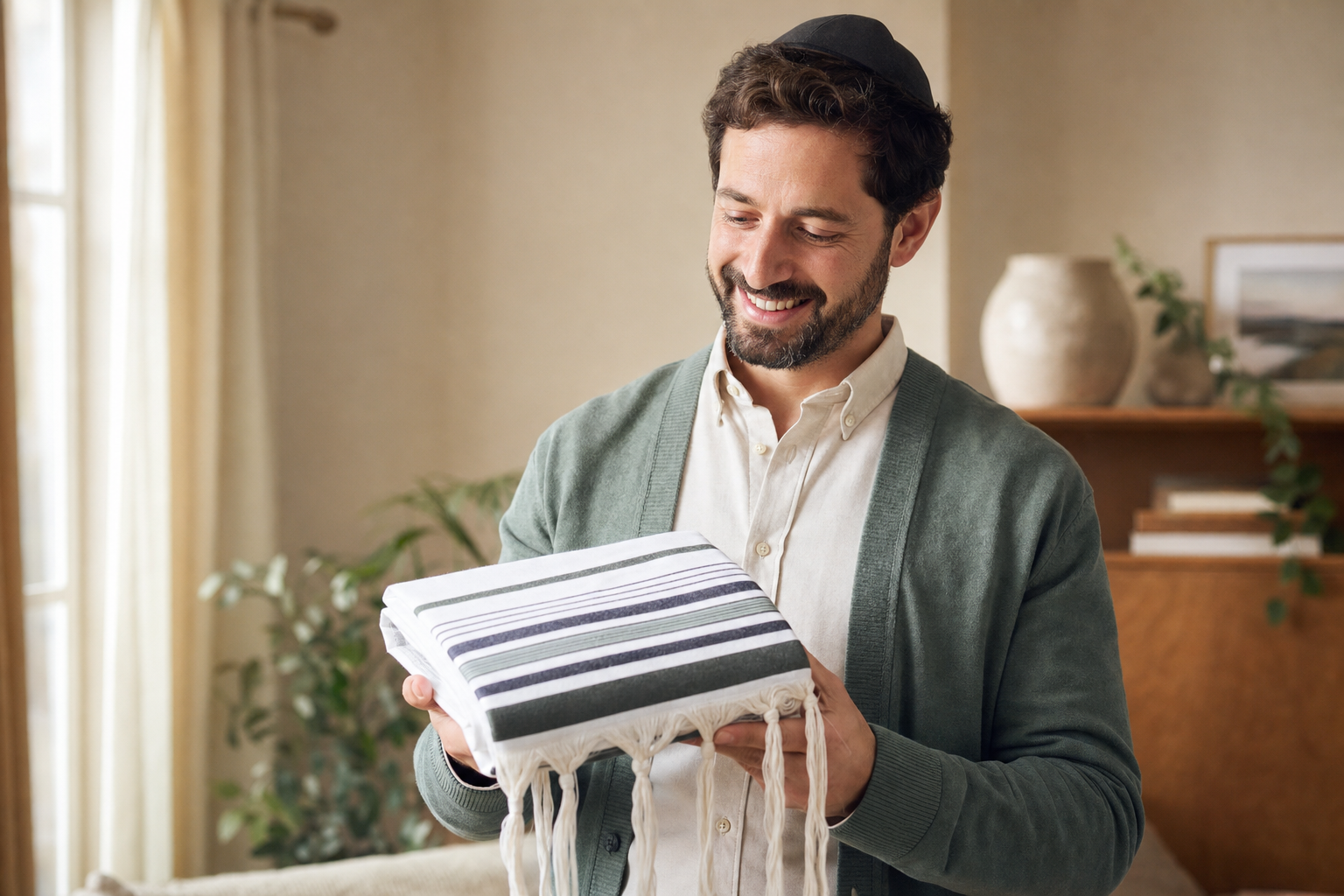Smiling shopper holding up a folded tallit, pleased with his purchase
